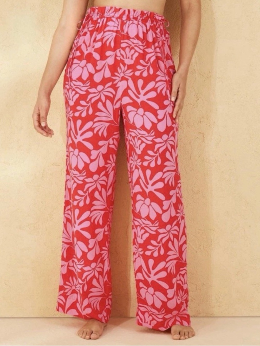 Shade & Shore Floral Cover-Up Pants With Matching Swim Low-Rise Bottom Red&Pink